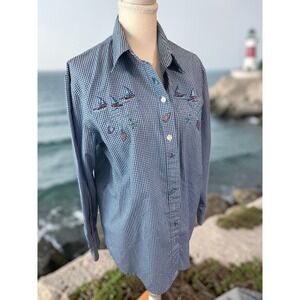 Vintage 90s Nautical Embroidered Gingham Shirt -Blue/White Checkered Long Sleeve